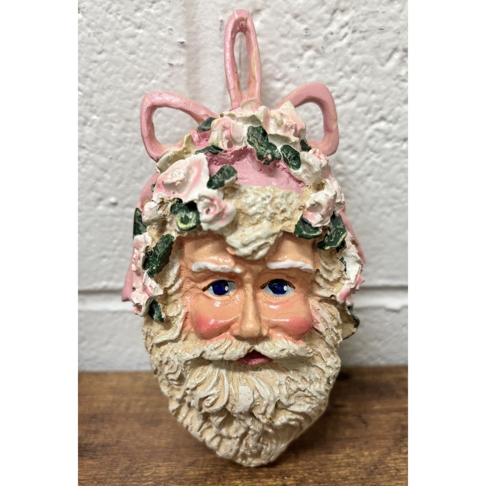 Vintage German Victorian-Shabby Sheek Santa Claus Head ornament Pink Resin